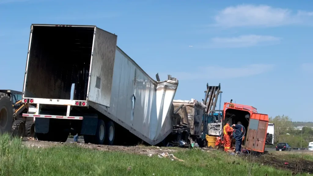 A truck with a tipped-over trailer, showing a vehicle recovery operation in progress.