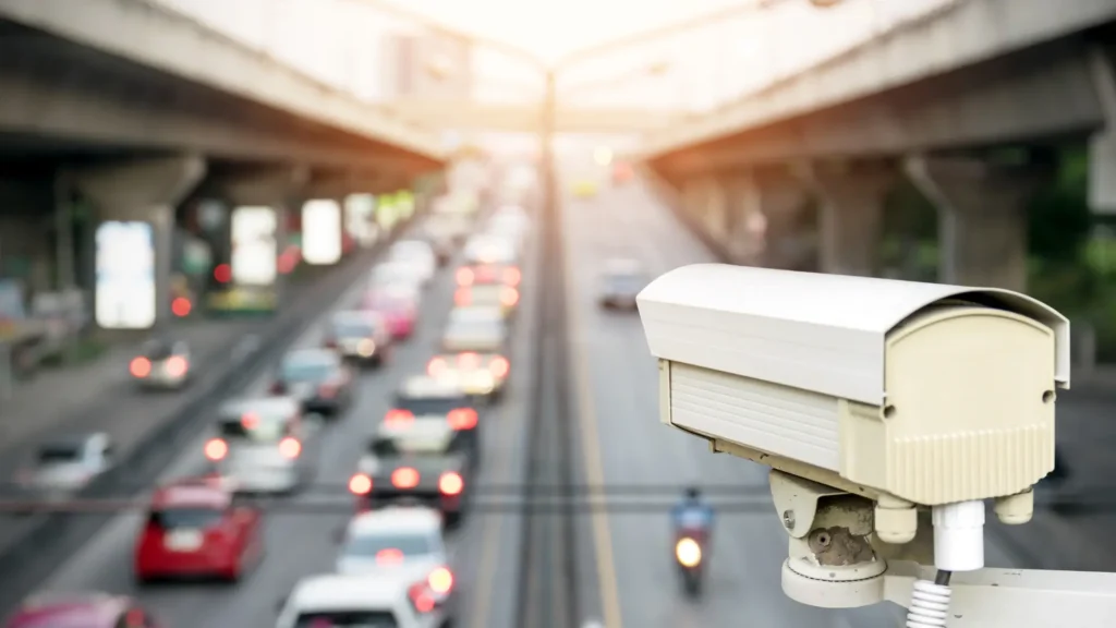 Close-up of a security camera overlooking traffic on a busy road with a blurred background.