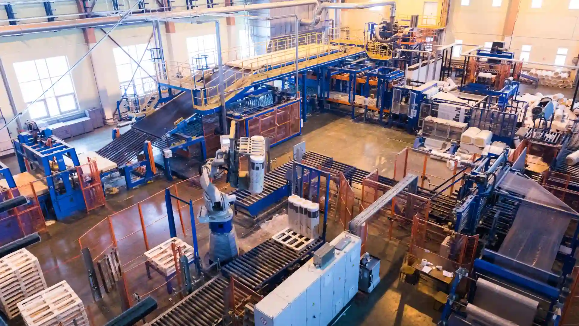 Aerial view of a large manufacturing facility with machinery.
